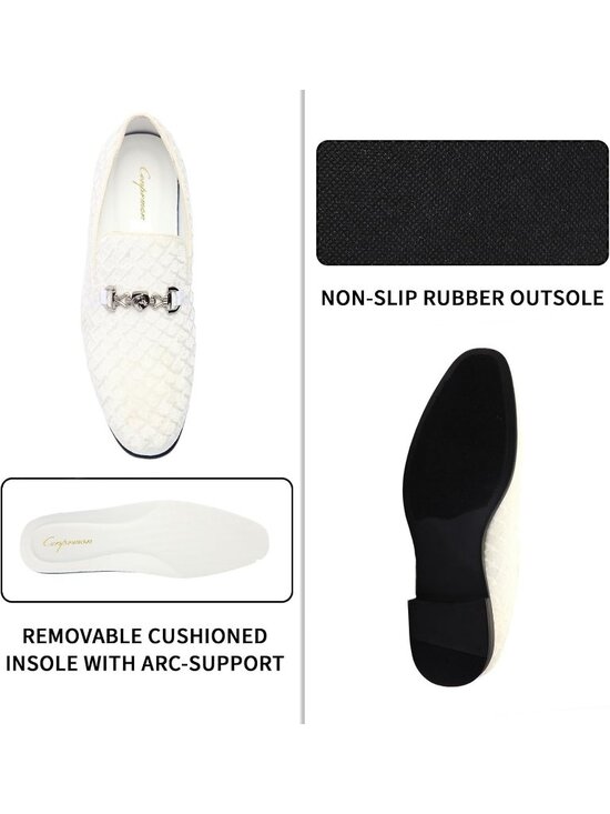 Cenprmon Men\'s White Velvet Loafers Diamond Pattern Metal Buckle Wedding Shoes
